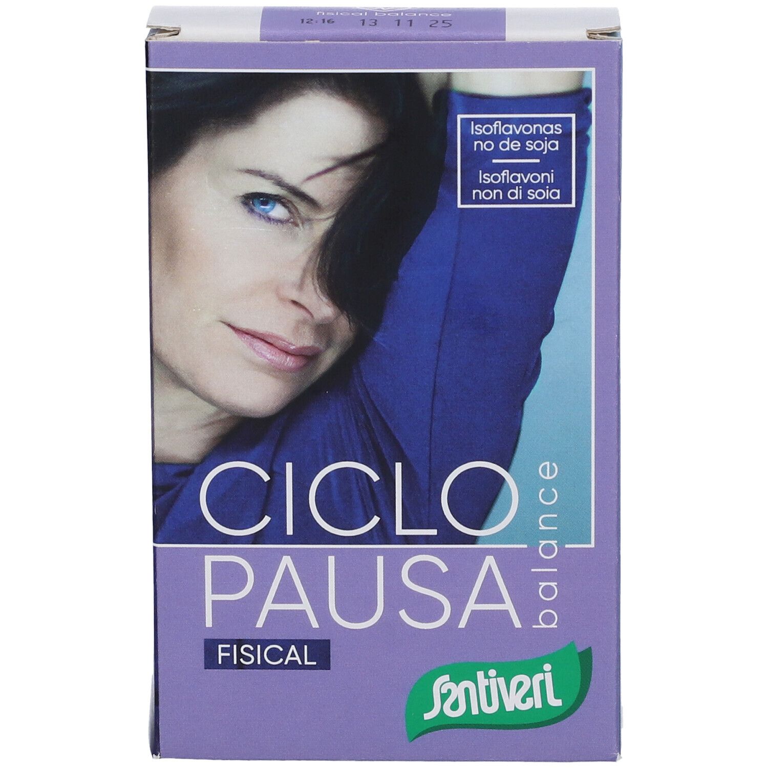 Fronte confezione Ciclopausa Fisical Balance. Scatola viola con ritratto e nome prodotto. Contiene isoflavoni.