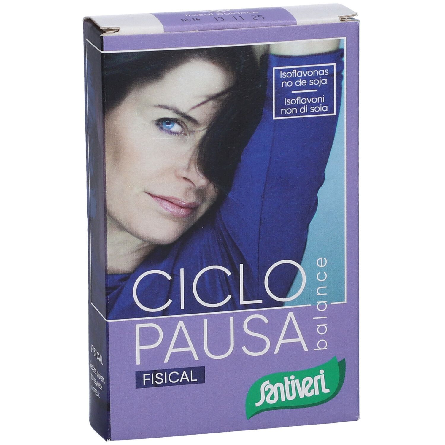 Confezione Ciclopausa Fisical Balance. Scatola viola con ritratto e nome prodotto. Contiene isoflavoni.