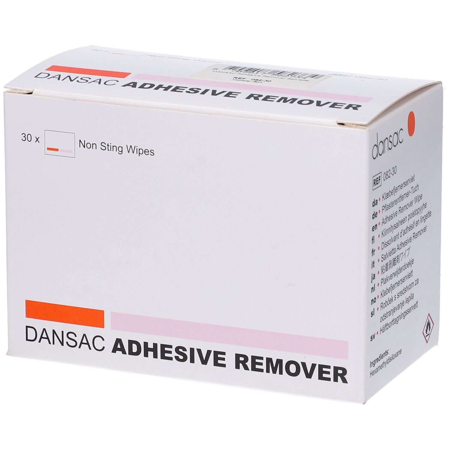 Scatola Dansac Adhesive Remover. Bianca, con accenti rosa e arancioni. Contiene 30 salviette. Scritta: Dansac Adhesive Remover.