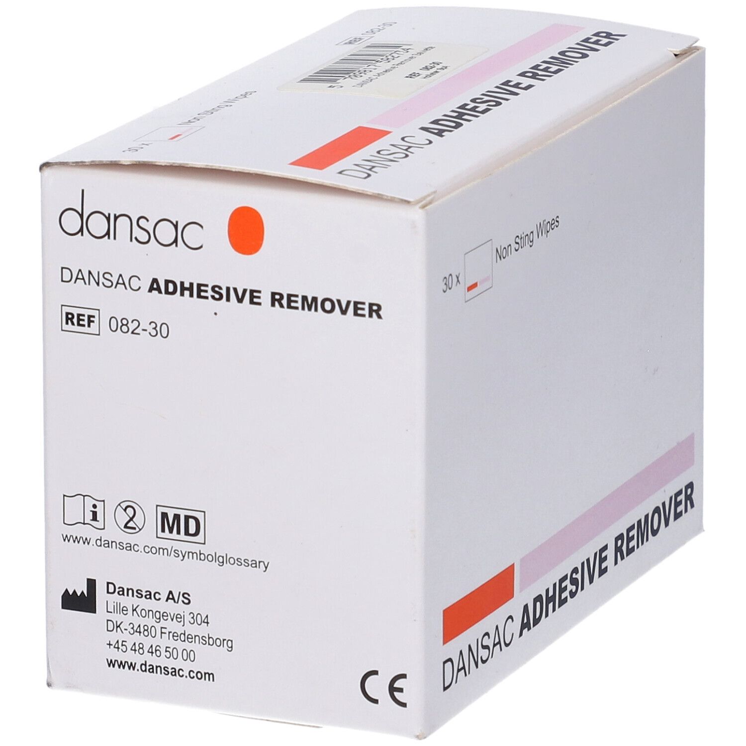 Scatola Dansac Adhesive Remover. Bianca, con accenti rosa e arancioni. Contiene 30 salviette. Scritta: Dansac Adhesive Remover.