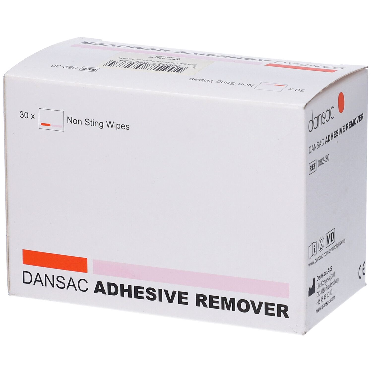Scatola Dansac Adhesive Remover. Bianca, con accenti rosa e arancioni. Contiene 30 salviette. Scritta: Dansac Adhesive Remover.