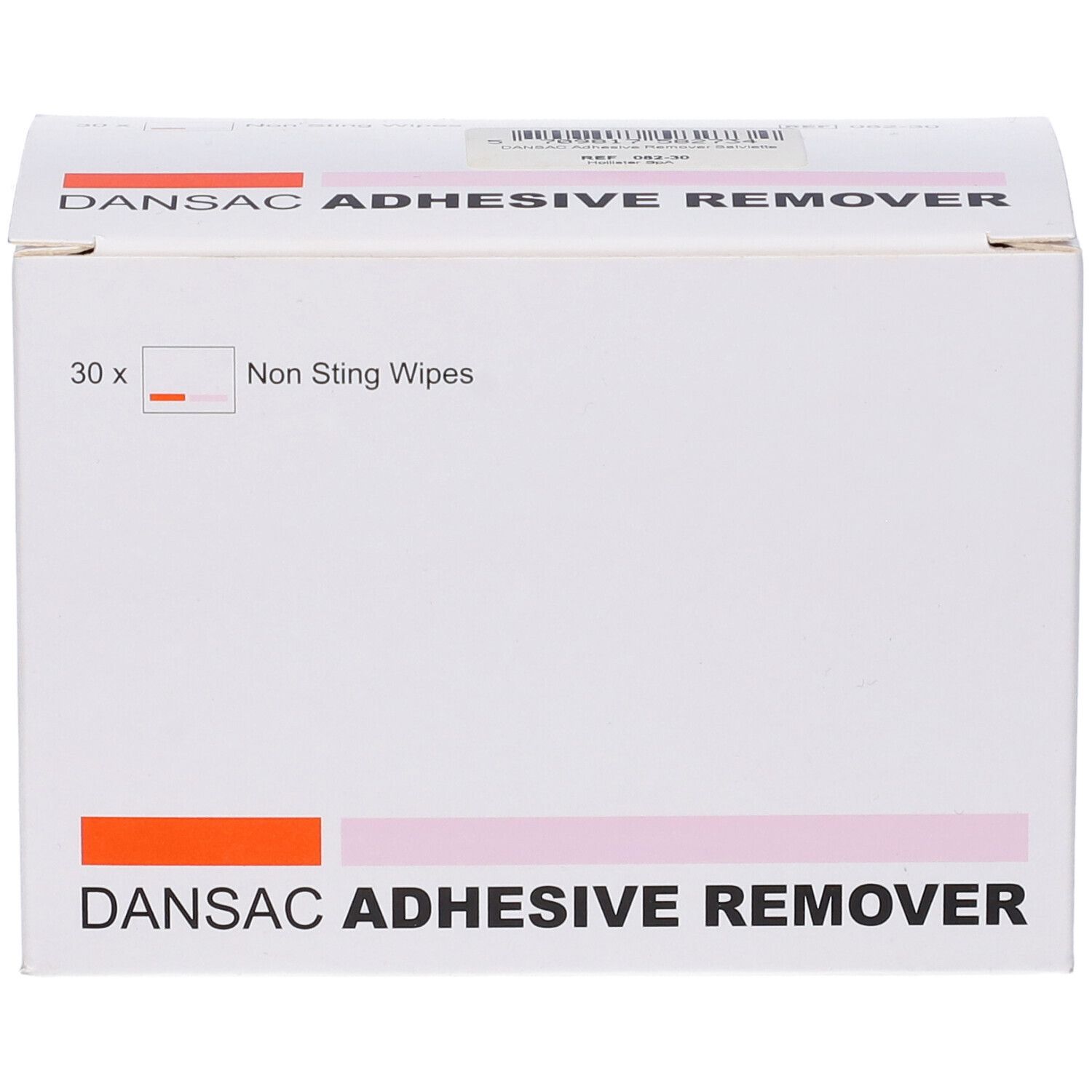 Scatola Dansac Adhesive Remover. Bianca, con accenti rosa e arancioni. Contiene 30 salviette. Scritta: Dansac Adhesive Remover.