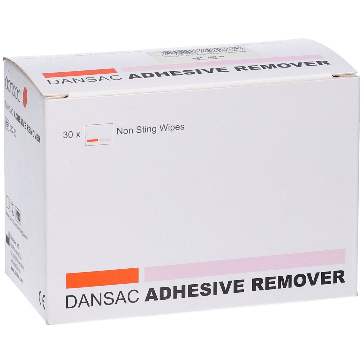 Scatola Dansac Adhesive Remover. Bianca, con accenti rosa e arancioni. Contiene 30 salviette. Scritta: Dansac Adhesive Remover.