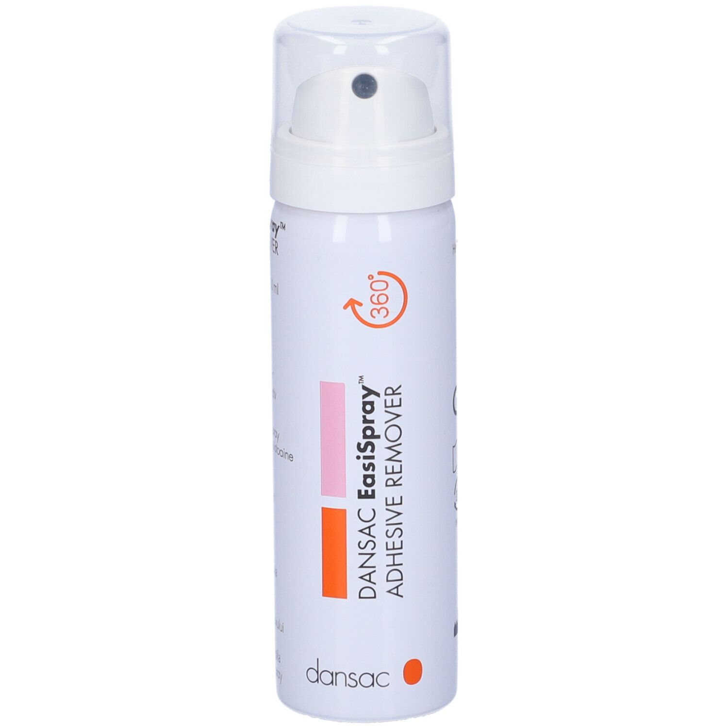 Spray bianco con dettagli rosa e arancioni. Scritta: DANSAC EasiSpray Adhesive Remover. Con erogatore spray.