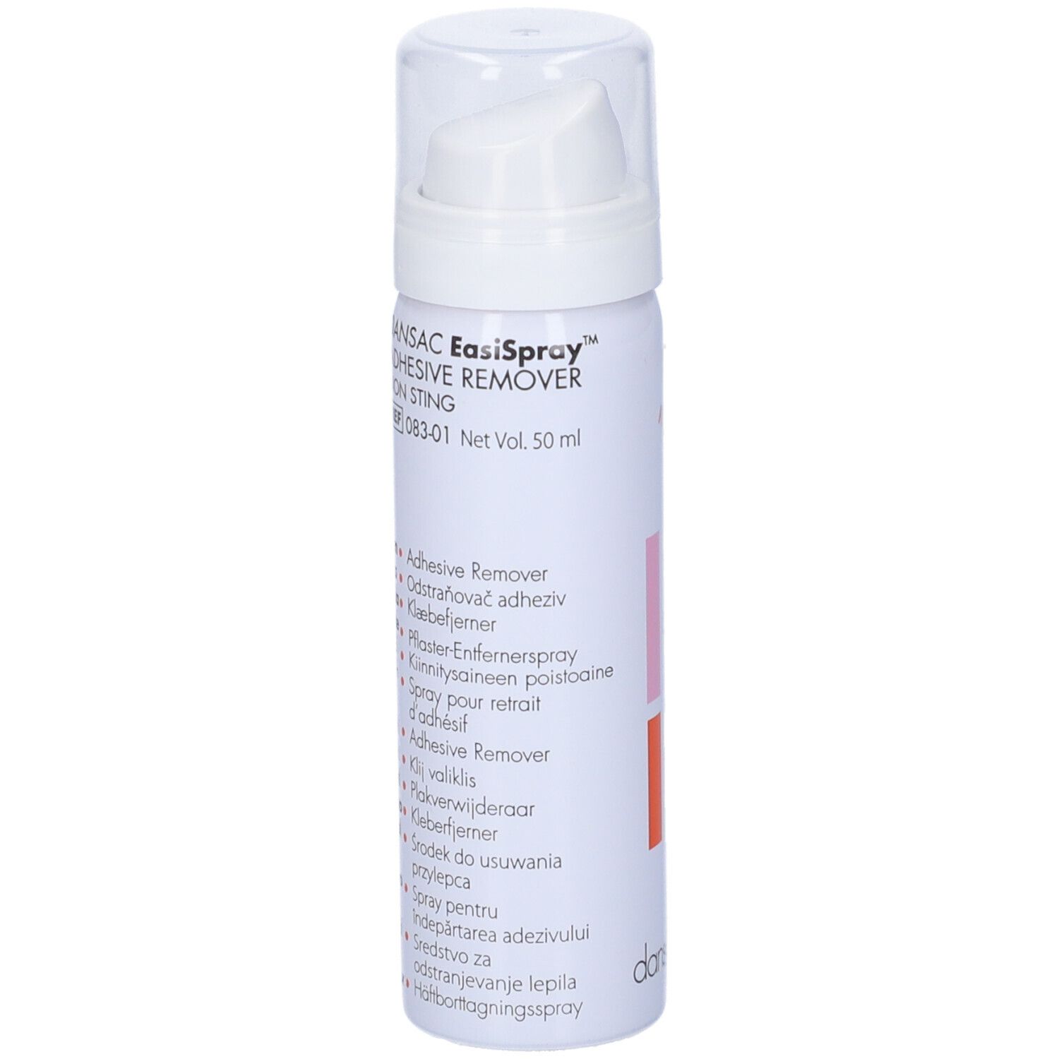 Spray bianco con dettagli rosa e arancioni. Scritta: DANSAC EasiSpray Adhesive Remover. Con erogatore spray.