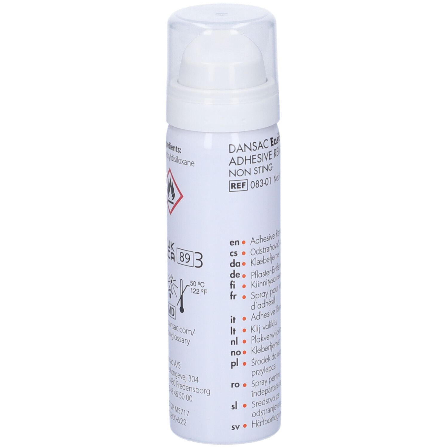 Spray bianco con dettagli rosa e arancioni. Scritta: DANSAC EasiSpray Adhesive Remover. Con erogatore spray.