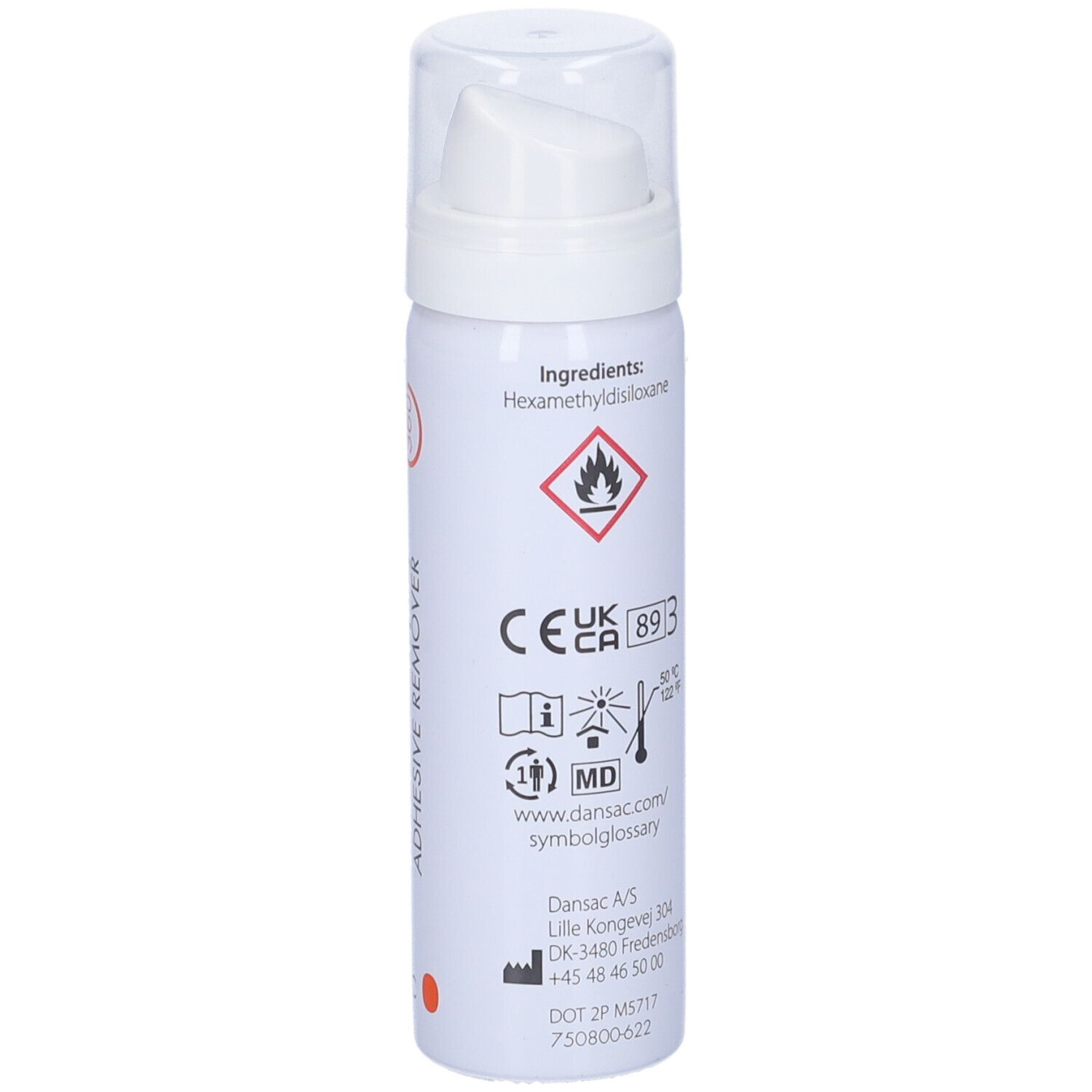 Spray bianco con dettagli rosa e arancioni. Scritta: DANSAC EasiSpray Adhesive Remover. Con erogatore spray.