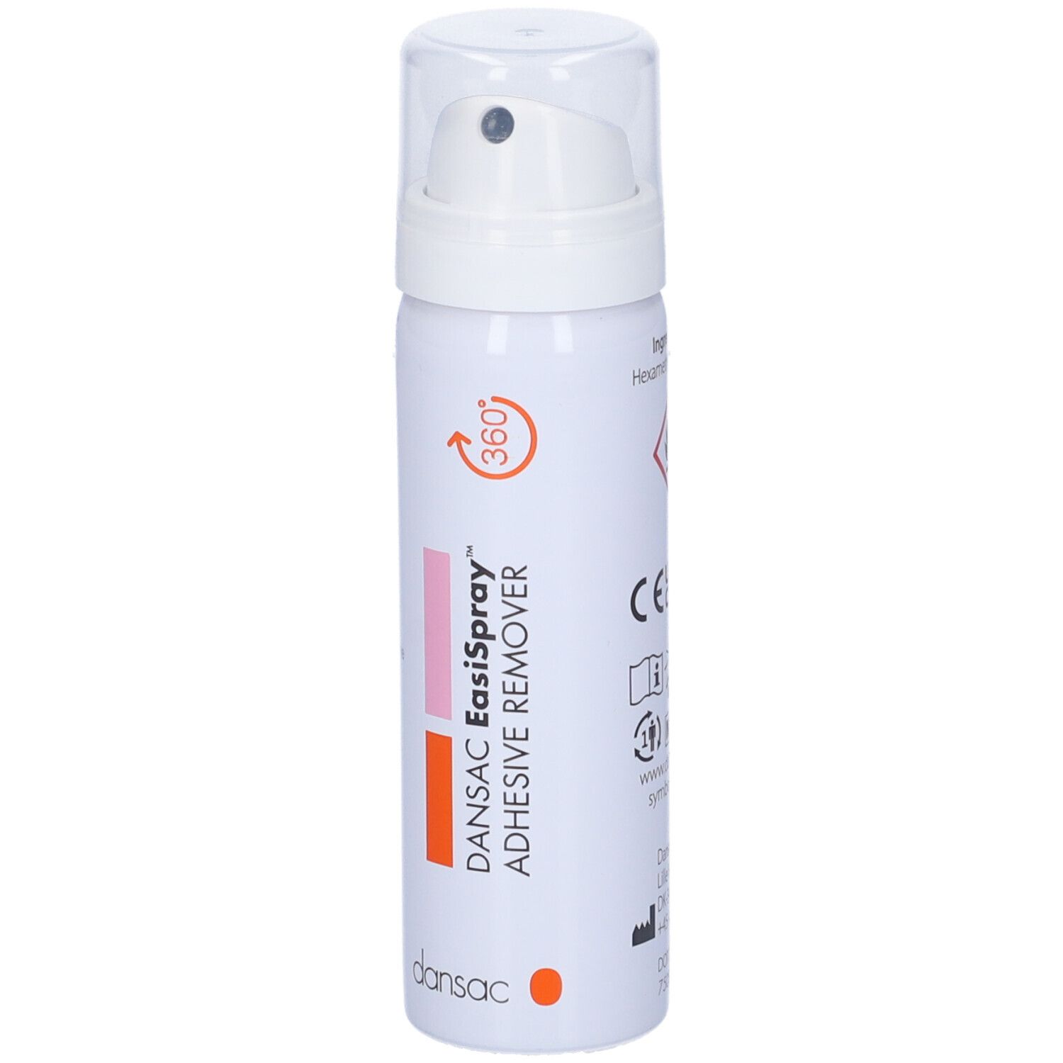 Spray bianco con dettagli rosa e arancioni. Scritta: DANSAC EasiSpray Adhesive Remover. Con erogatore spray.