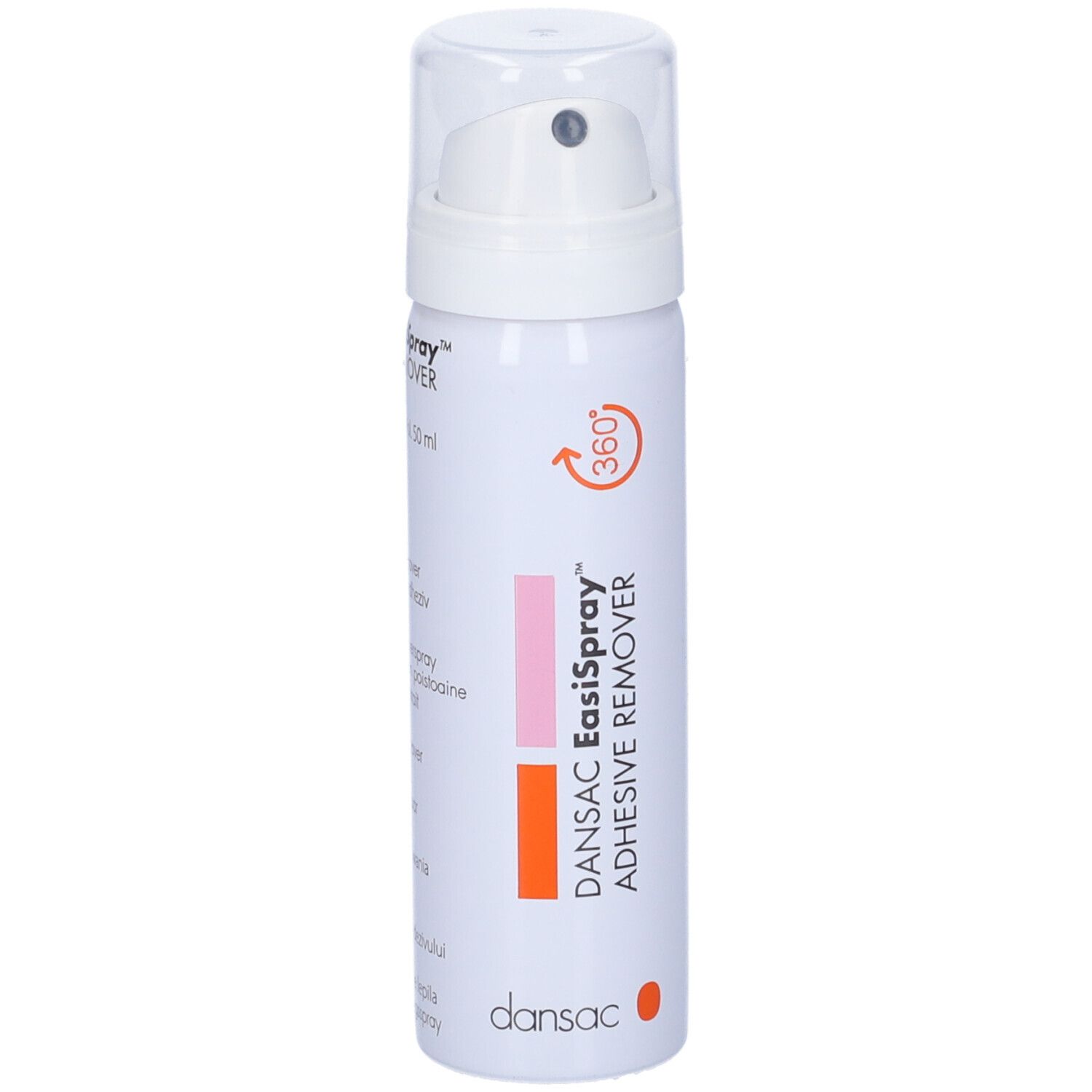 Spray bianco con dettagli rosa e arancioni. Scritta: DANSAC EasiSpray Adhesive Remover. Con erogatore spray.