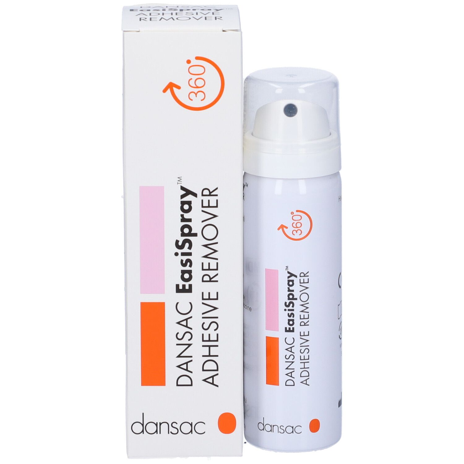 Spray bianco con dettagli rosa e arancioni. Scritta: DANSAC EasiSpray Adhesive Remover. Con erogatore spray.