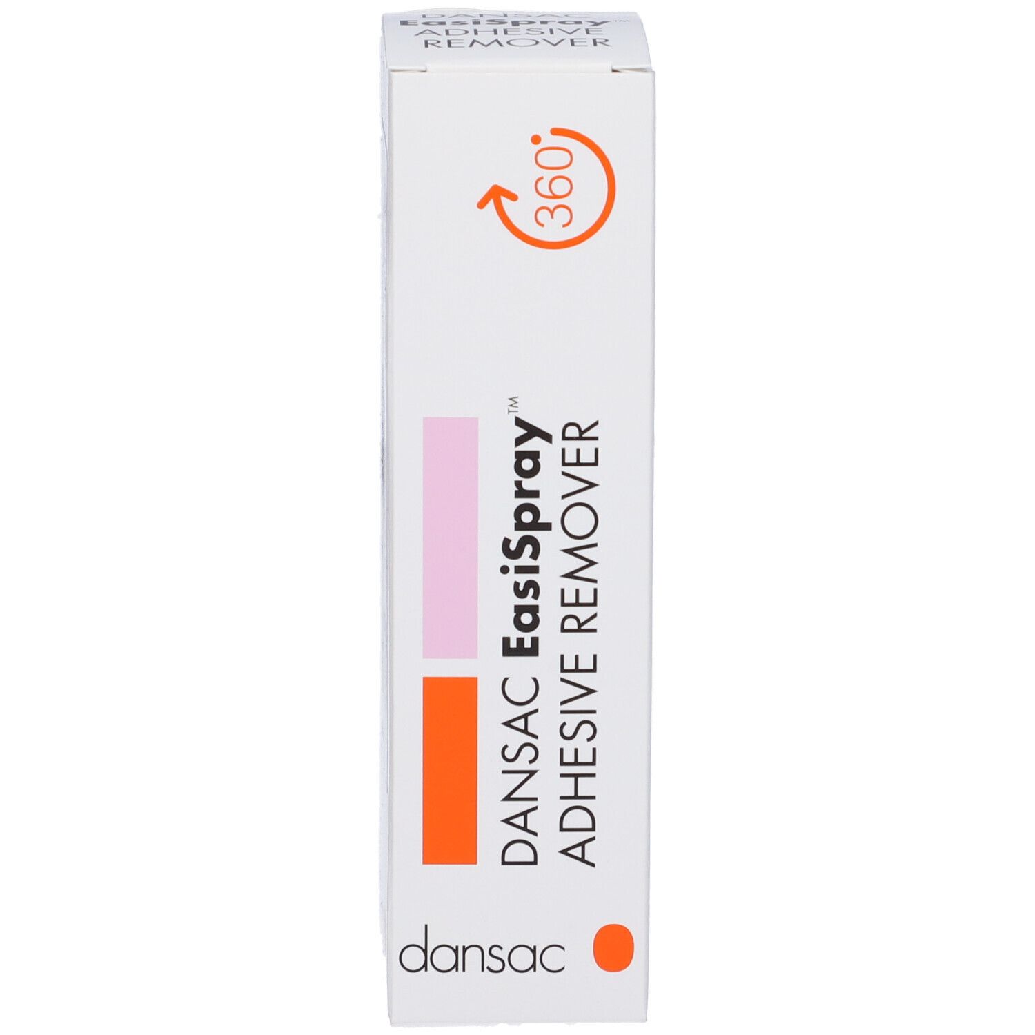 Scatola bianca. Scritta: DANSAC EasiSpray Adhesive Remover. Flacone spray accanto.