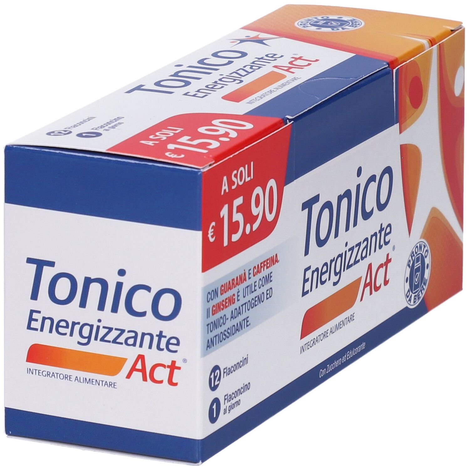 Scatola Tonico Energizzante Act. Contiene 12 flaconcini. Prezzo: 15,90 €. Con guaranà, caffeina e ginseng. Integratore alimentare.