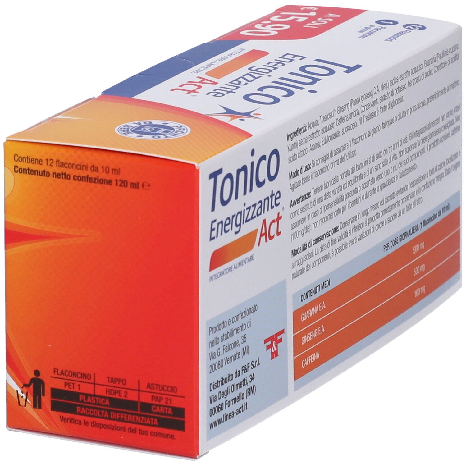 Confezione di Tonico Energizzante Act. Contiene 12 flaconcini. Ingredienti e informazioni nutrizionali sulla confezione.