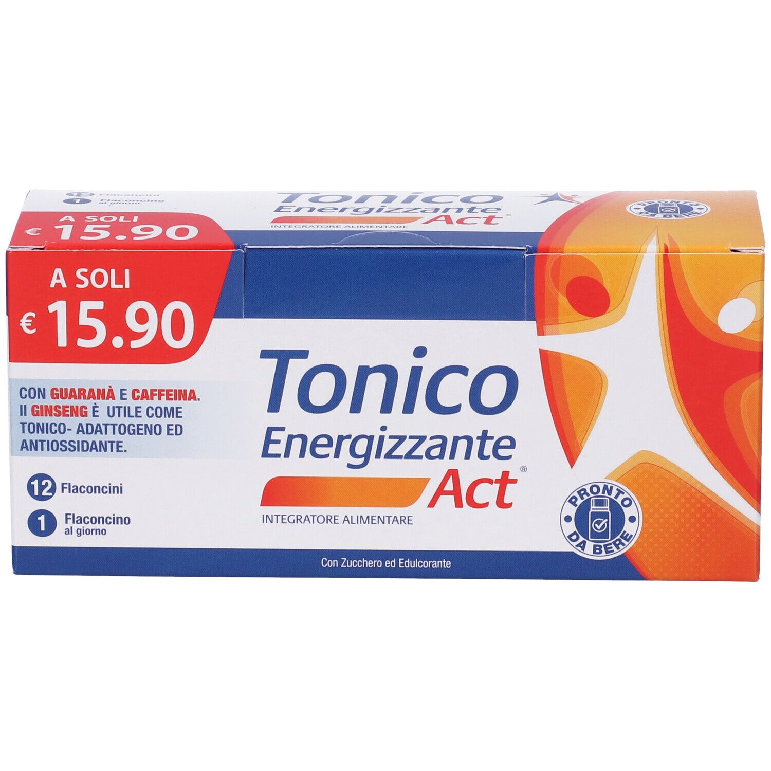 Scatola Tonico Energizzante Act. Contiene 12 flaconcini. Prezzo: 15,90 €. Con guaranà, caffeina e ginseng. Integratore alimentare.