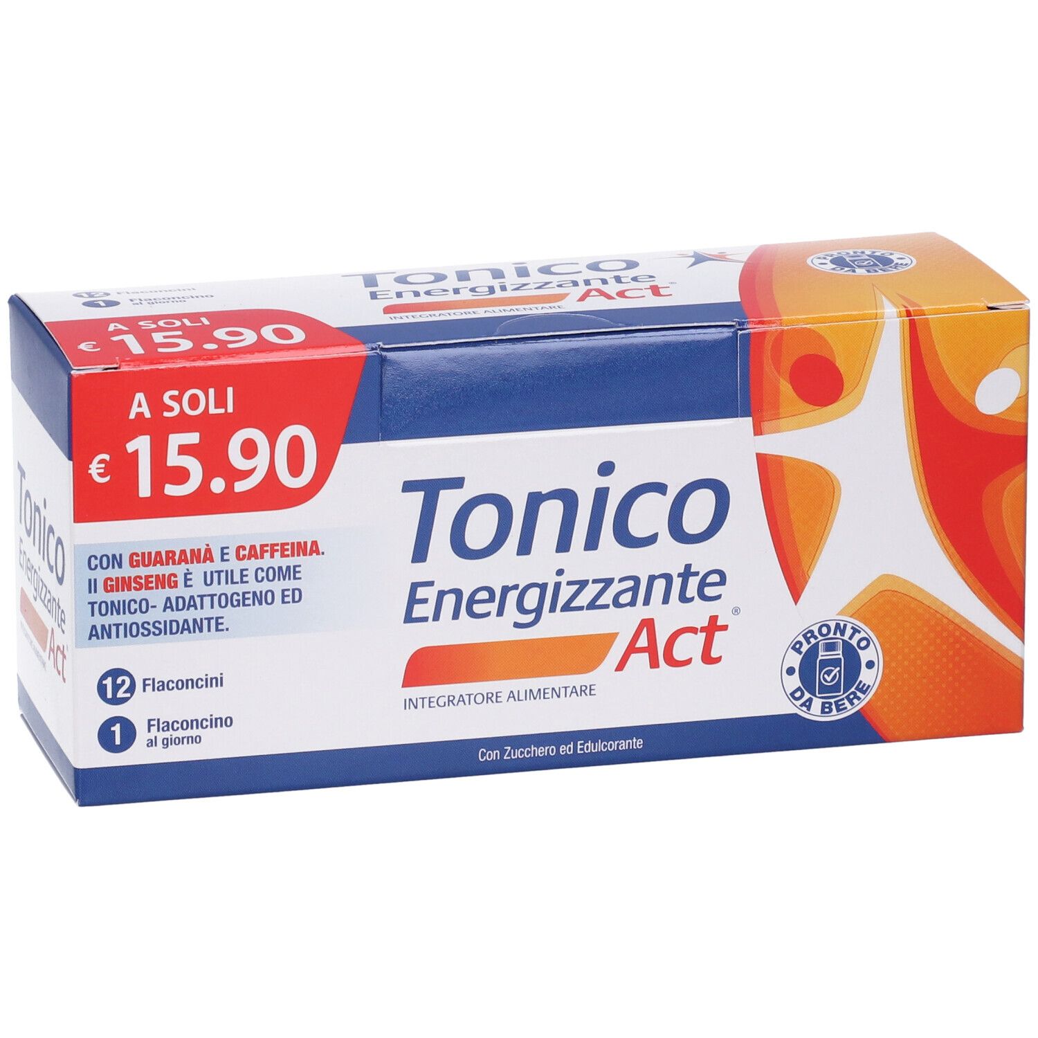 Scatola Tonico Energizzante Act. Contiene 12 flaconcini. Prezzo: 15,90 €. Con guaranà, caffeina e ginseng. Integratore alimentare.