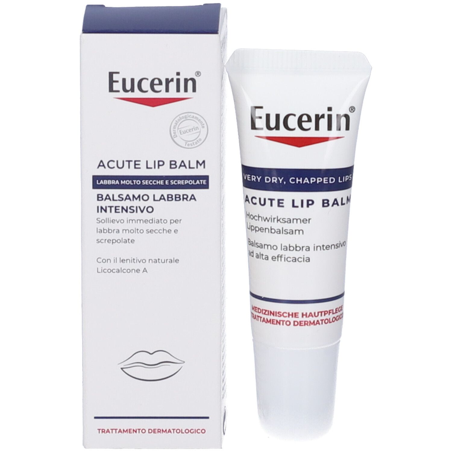 Confezione del prodotto con tubo. Scatola bianca con testo blu. Marchio Eucerin.