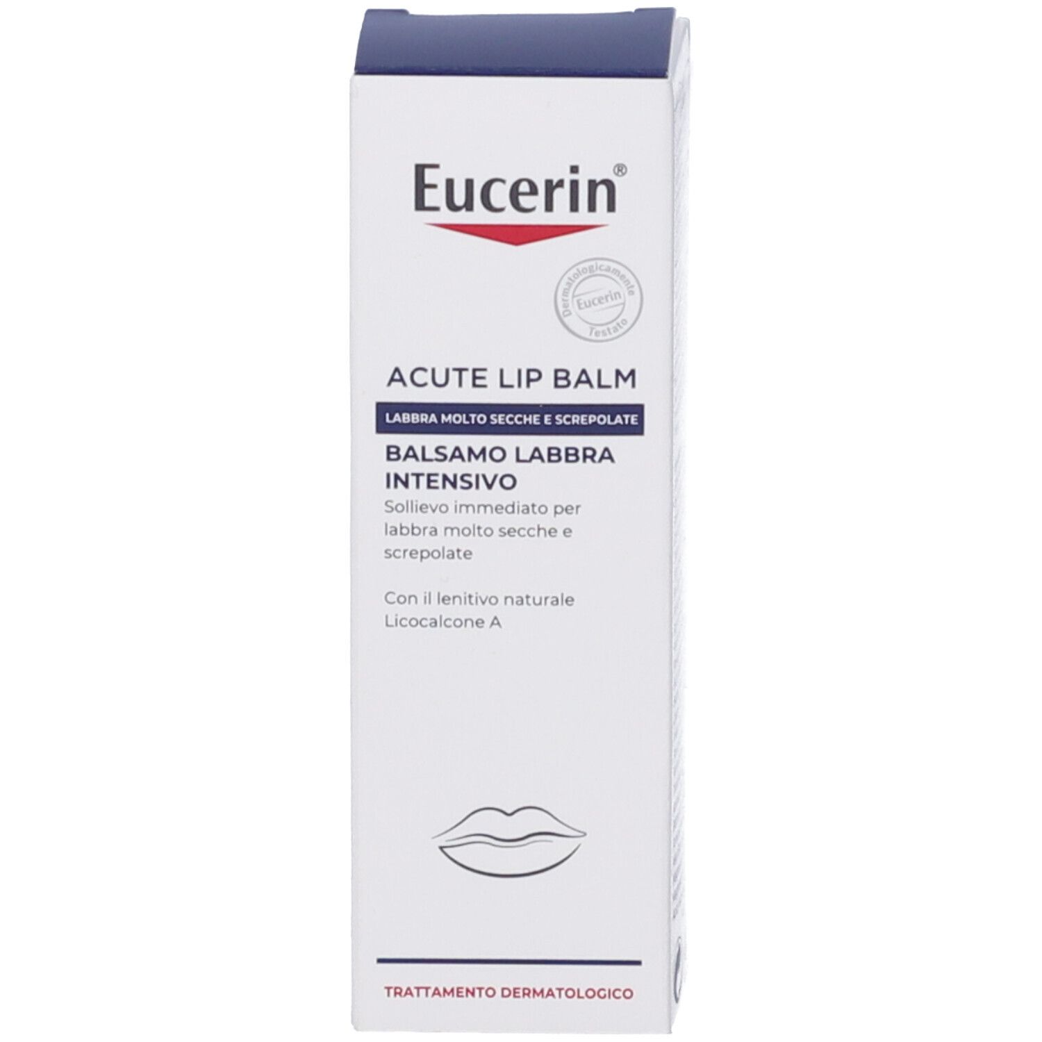 Scatola bianca con testo blu. Contiene informazioni sul prodotto. Marchio Eucerin.