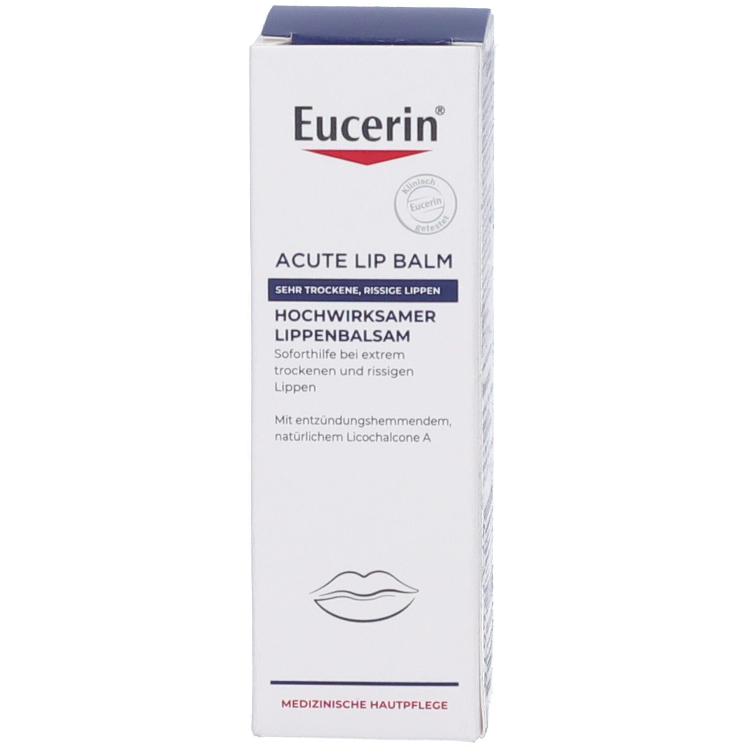 Scatola bianca con testo blu. Contiene informazioni sul prodotto. Marchio Eucerin.
