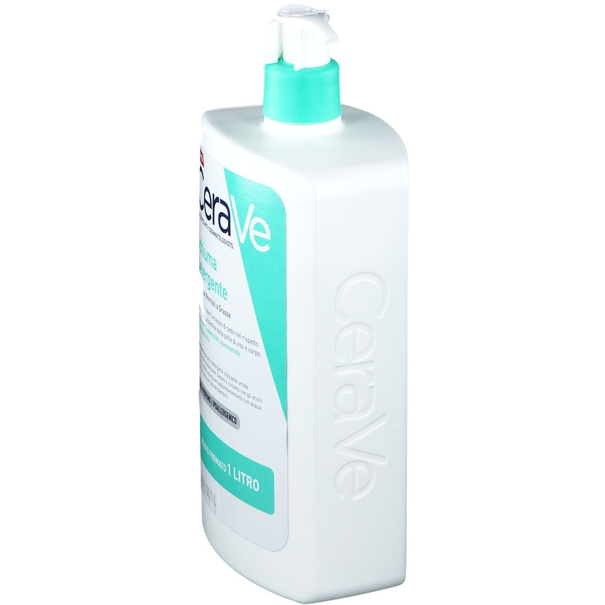 Flacone CeraVe bianco con dosatore verde. Scritto Schiuma Detergente. Vista laterale.