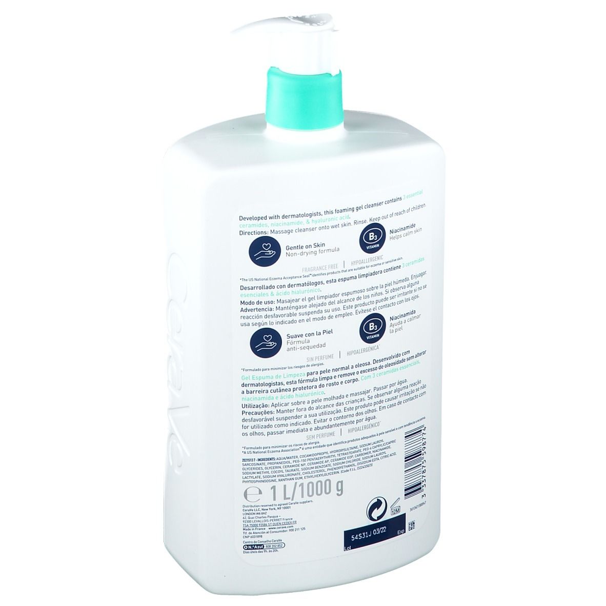 Flacone CeraVe bianco con dosatore verde. Retro con testo e icone. 1 litro.