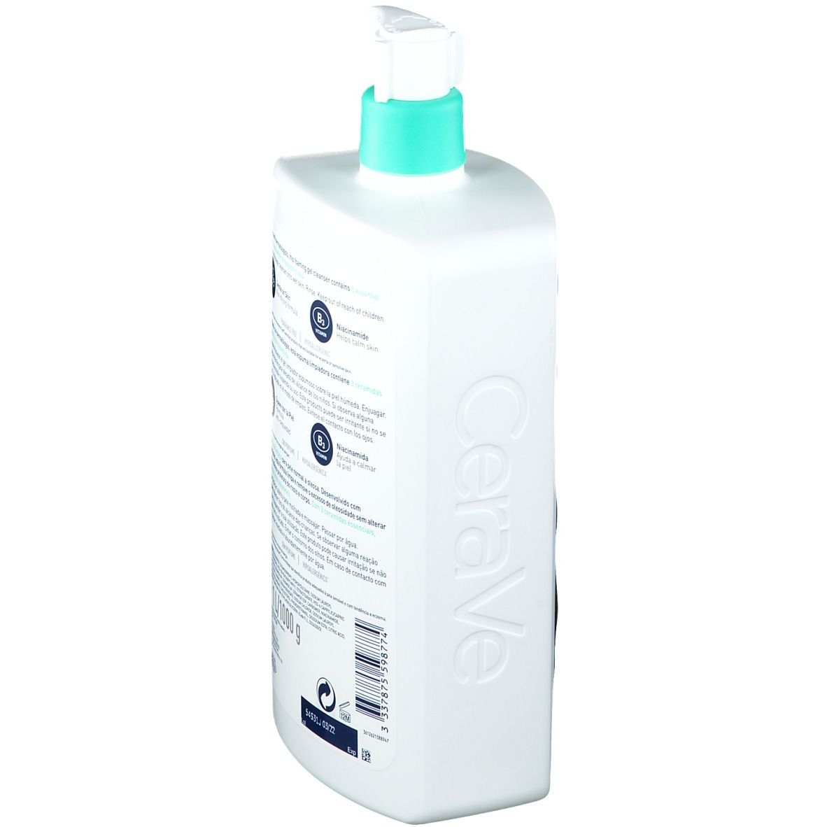 Flacone CeraVe bianco con dosatore verde. Vista posteriore con testo e icone. 1 litro.