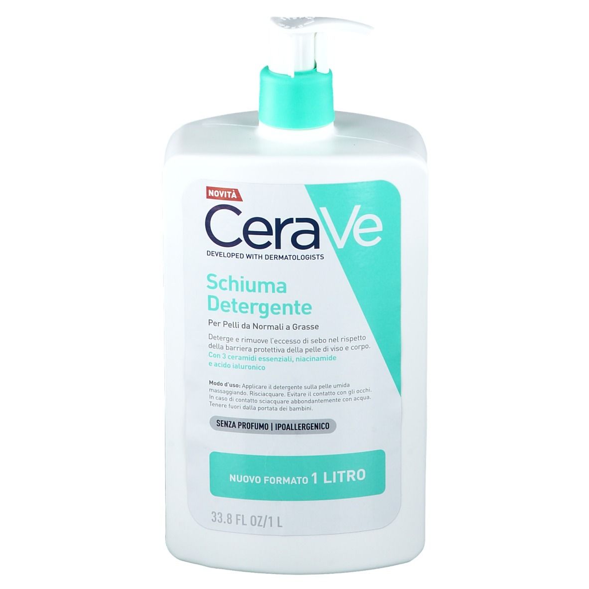 Flacone bianco CeraVe con dosatore verde. Scritto: Schiuma Detergente, 1 litro.