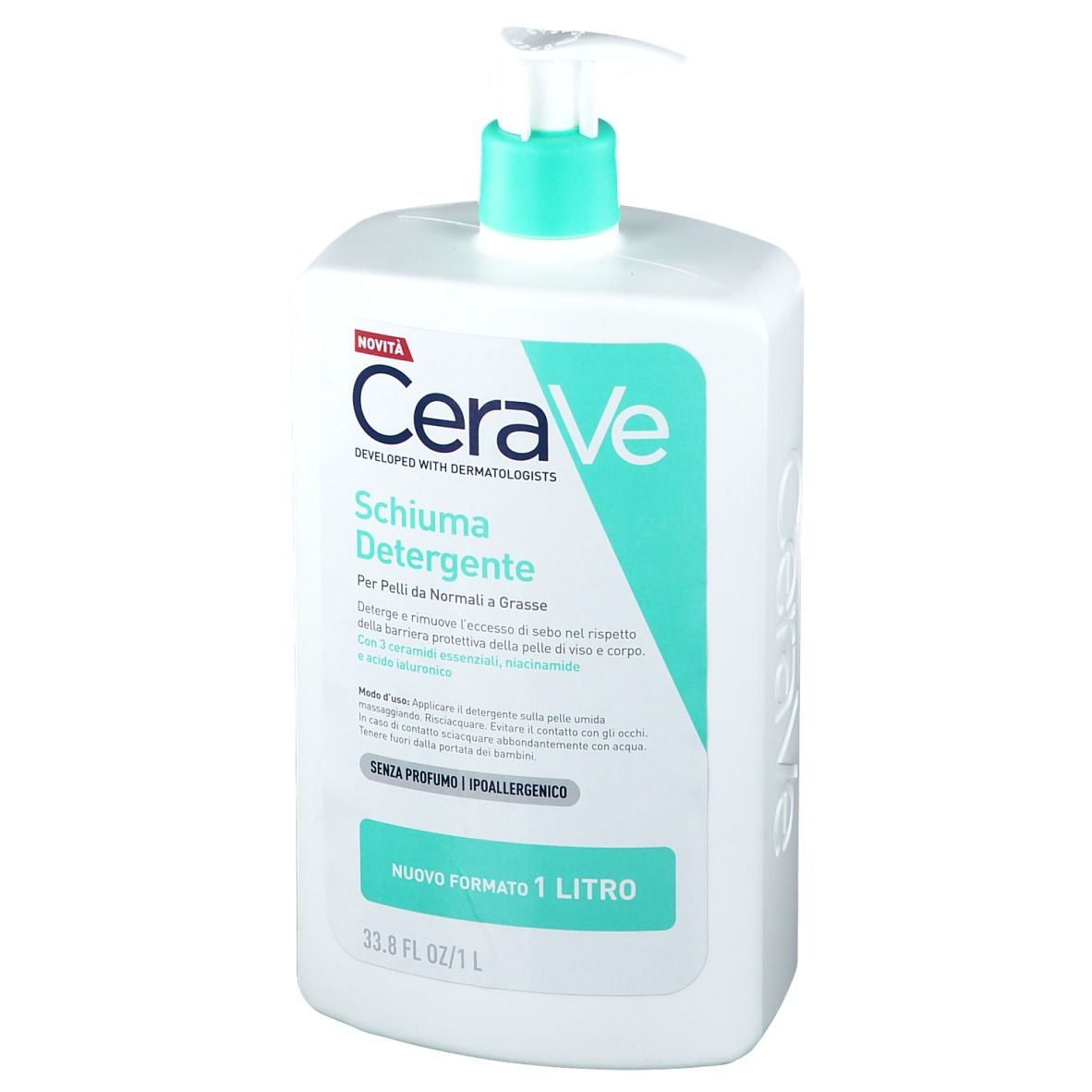 Flacone bianco CeraVe con dosatore verde. Scritto: Schiuma Detergente, 1 litro.
