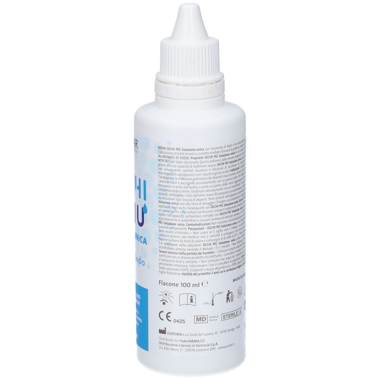 Flacone bianco con testo blu. Prodotto: Occhi Piu' Soluzione Unica. Con marchio CE.