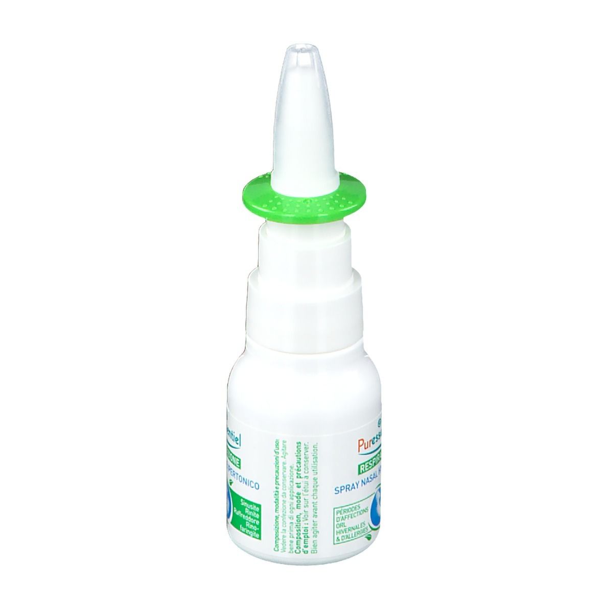 Flacone bianco con erogatore verde. Scritta: Respirazione Spray Nasale Ipertonico. Logo con foglie.
