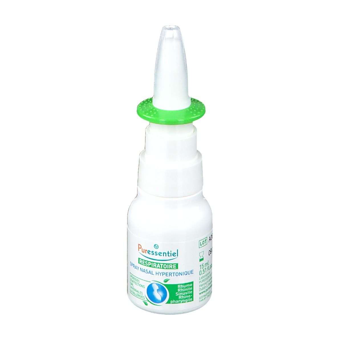 Flacone bianco con erogatore verde. Scritta: Respirazione Spray Nasale Ipertonico. Logo con foglie. 15 ml.