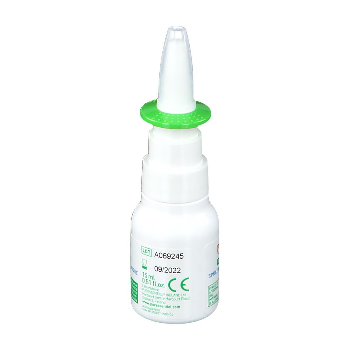 Flacone bianco con erogatore verde. Scritta: Respirazione Spray Nasale Ipertonico. Logo con foglie. 15 ml, 09/2022.