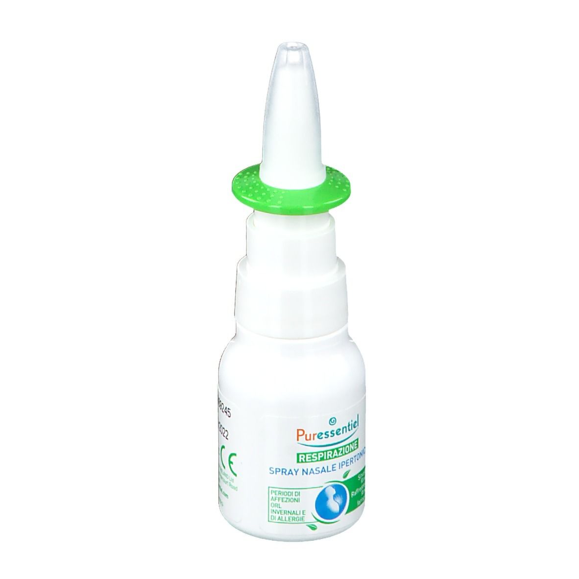Flacone bianco con erogatore verde. Scritta: Respirazione Spray Nasale Ipertonico. Logo con foglie. Marchio CE.