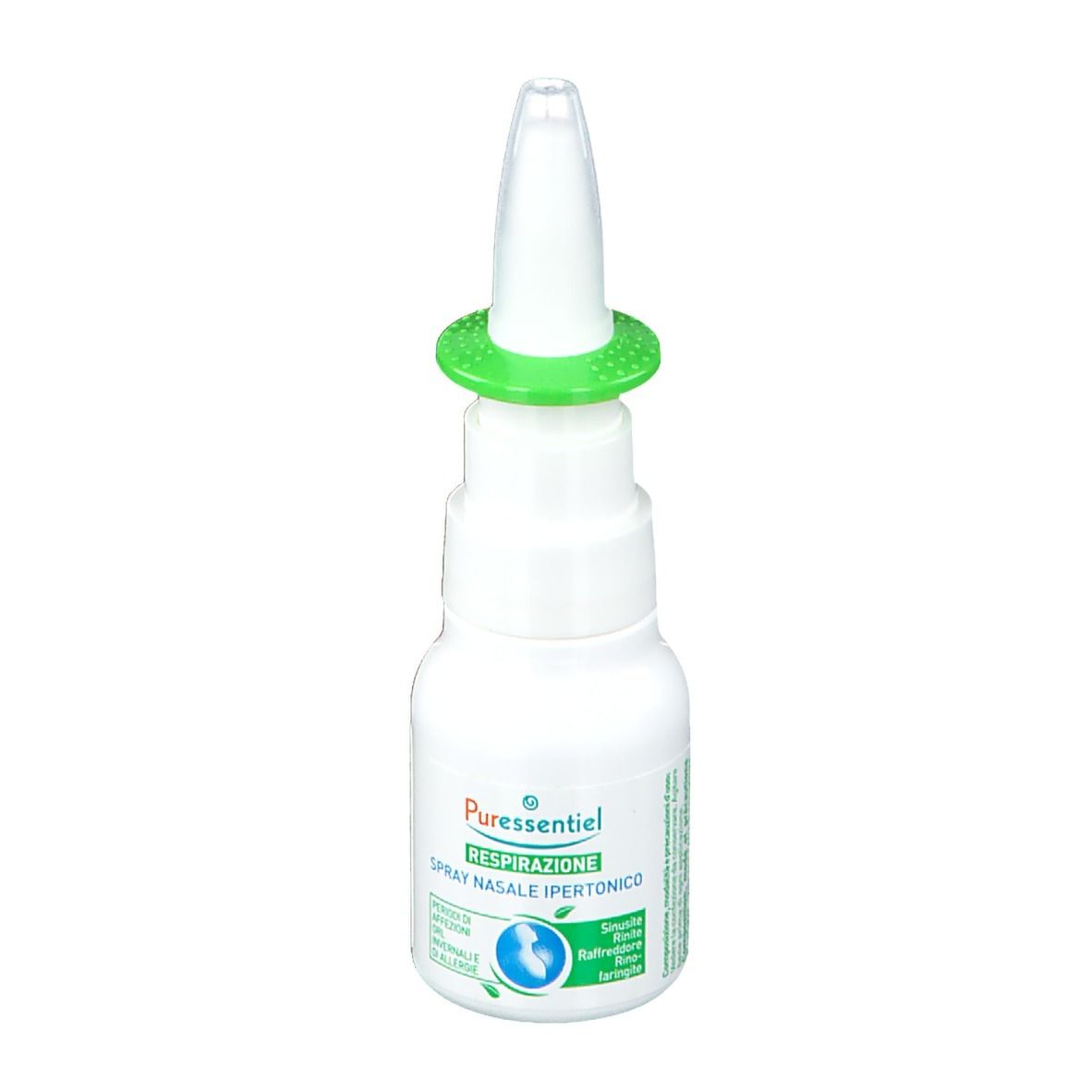 Flacone bianco con erogatore verde. Scritta: Respirazione Spray Nasale Ipertonico. Logo con foglie.