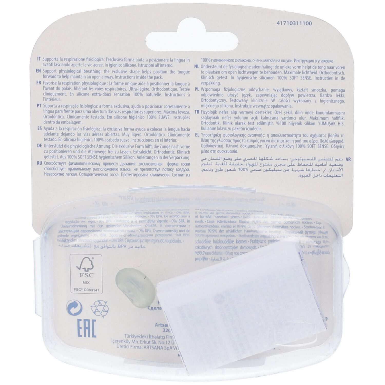 Retro della confezione con testo multilingue. Contiene informazioni sul prodotto e sul produttore.