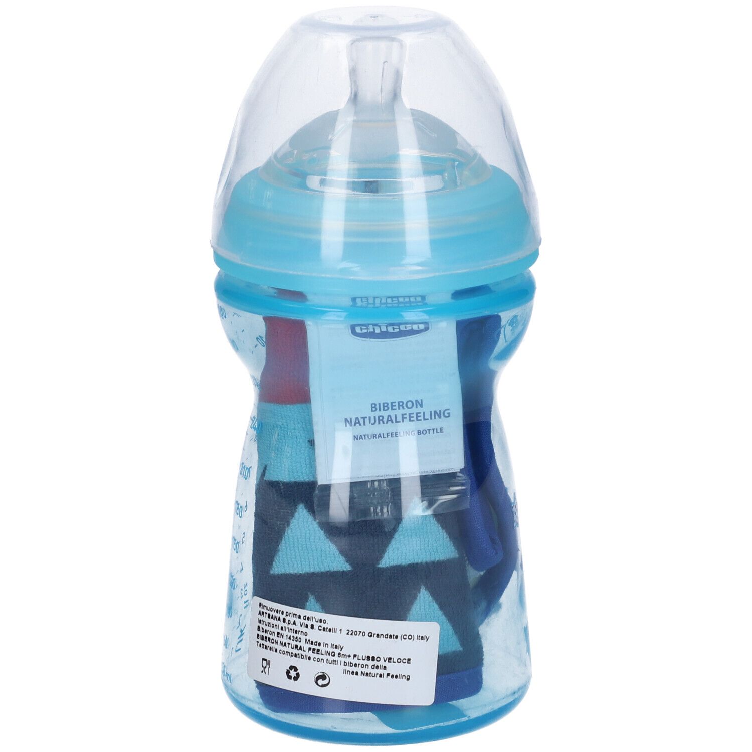 Biberon con accessori blu nella confezione. Sulla confezione è scritto "Biberon Naturalfeeling".