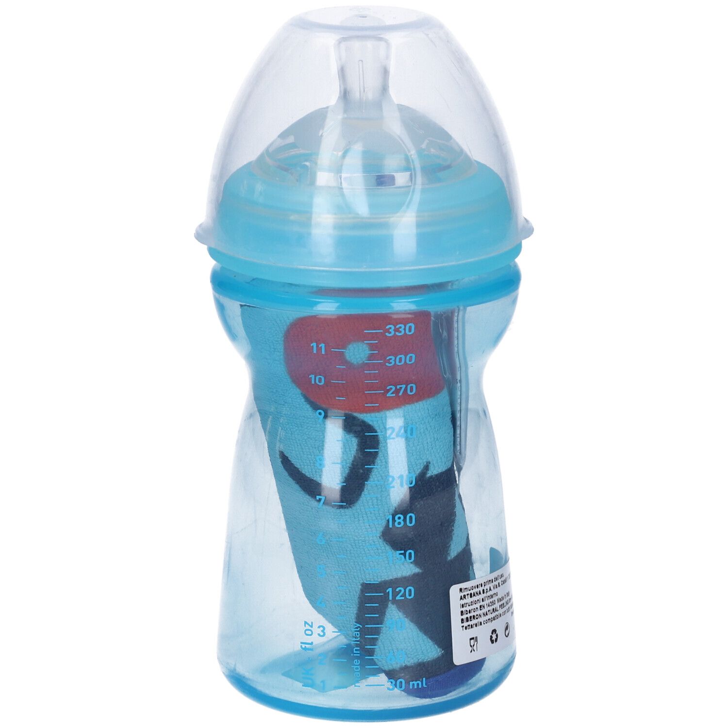 Biberon con accessori blu. Il corpo del biberon ha una scala graduata. L'accessorio ha una scala graduata.