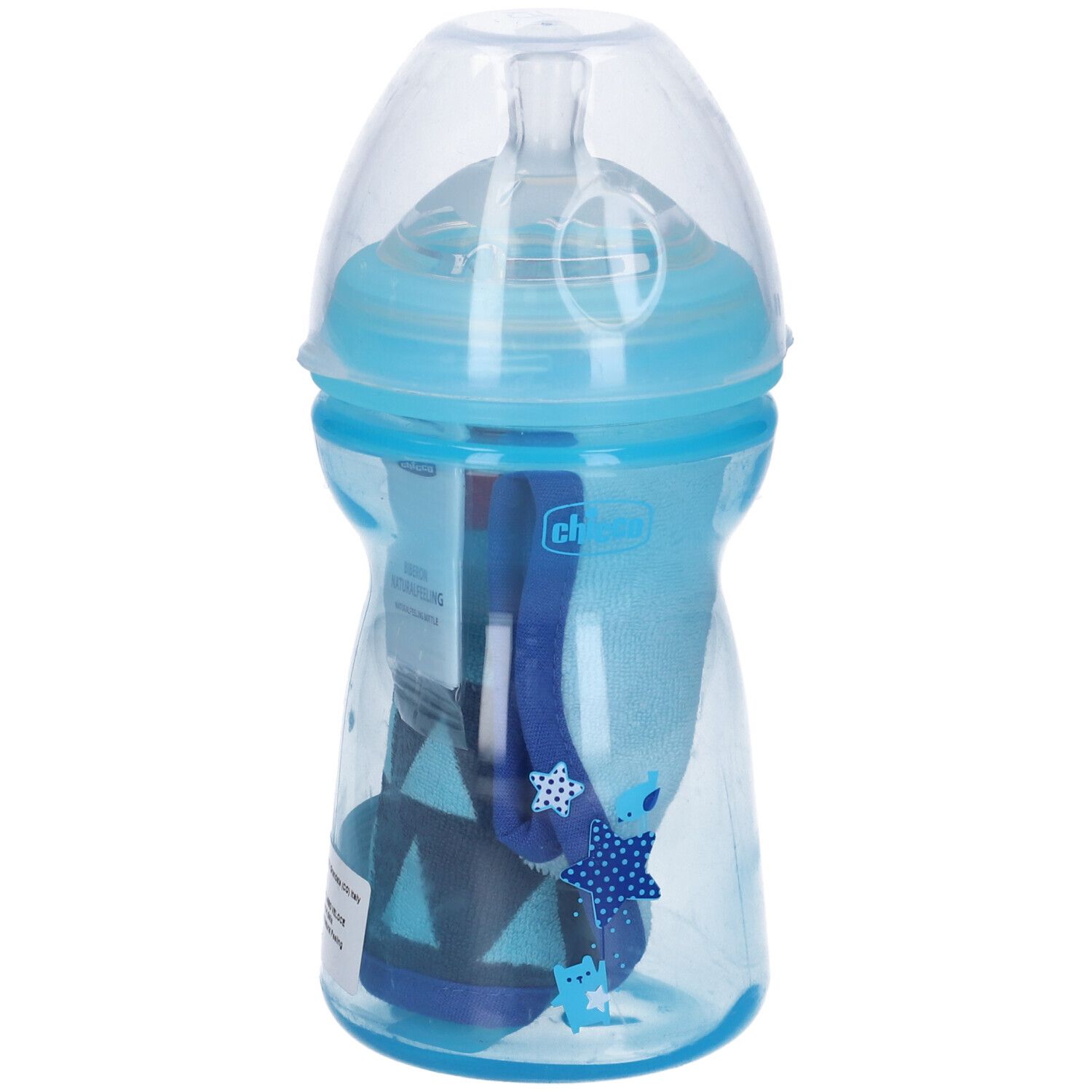Biberon con accessori blu. Il corpo del biberon ha un'etichetta blu. Il coperchio è trasparente.