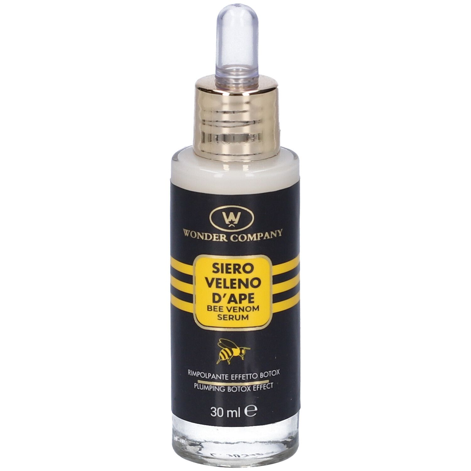 Flacone di siero SIERO VELENO D'APE. Tappo dorato, pipetta trasparente. Sfondo nero con strisce gialle.
