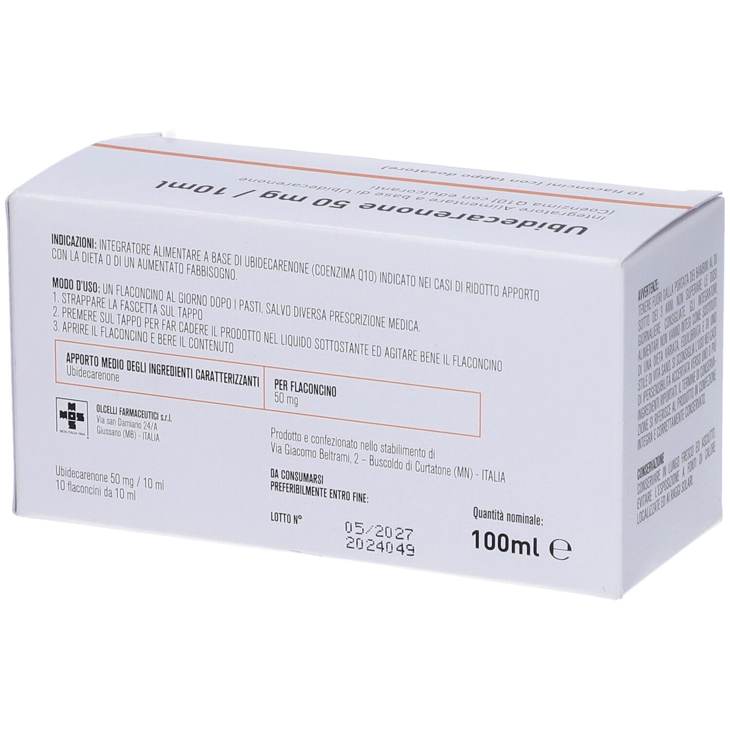 Scatola bianca con informazioni sul prodotto. Testo: Ubidecarenone 50 mg / 10ml. Retro con testo e data.