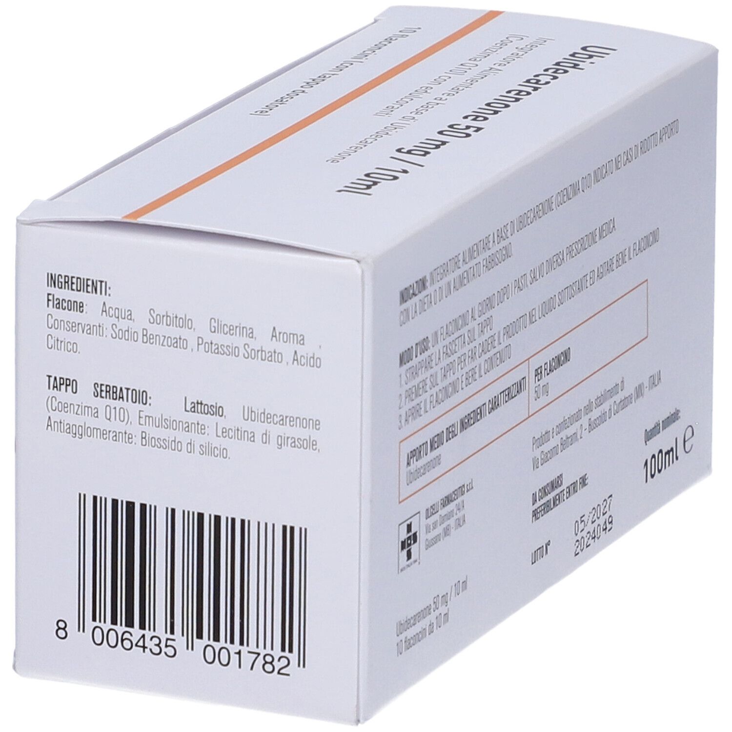Scatola bianca con informazioni sul prodotto. Testo: Ubidecarenone 50 mg / 10ml. Retro con ingredienti.
