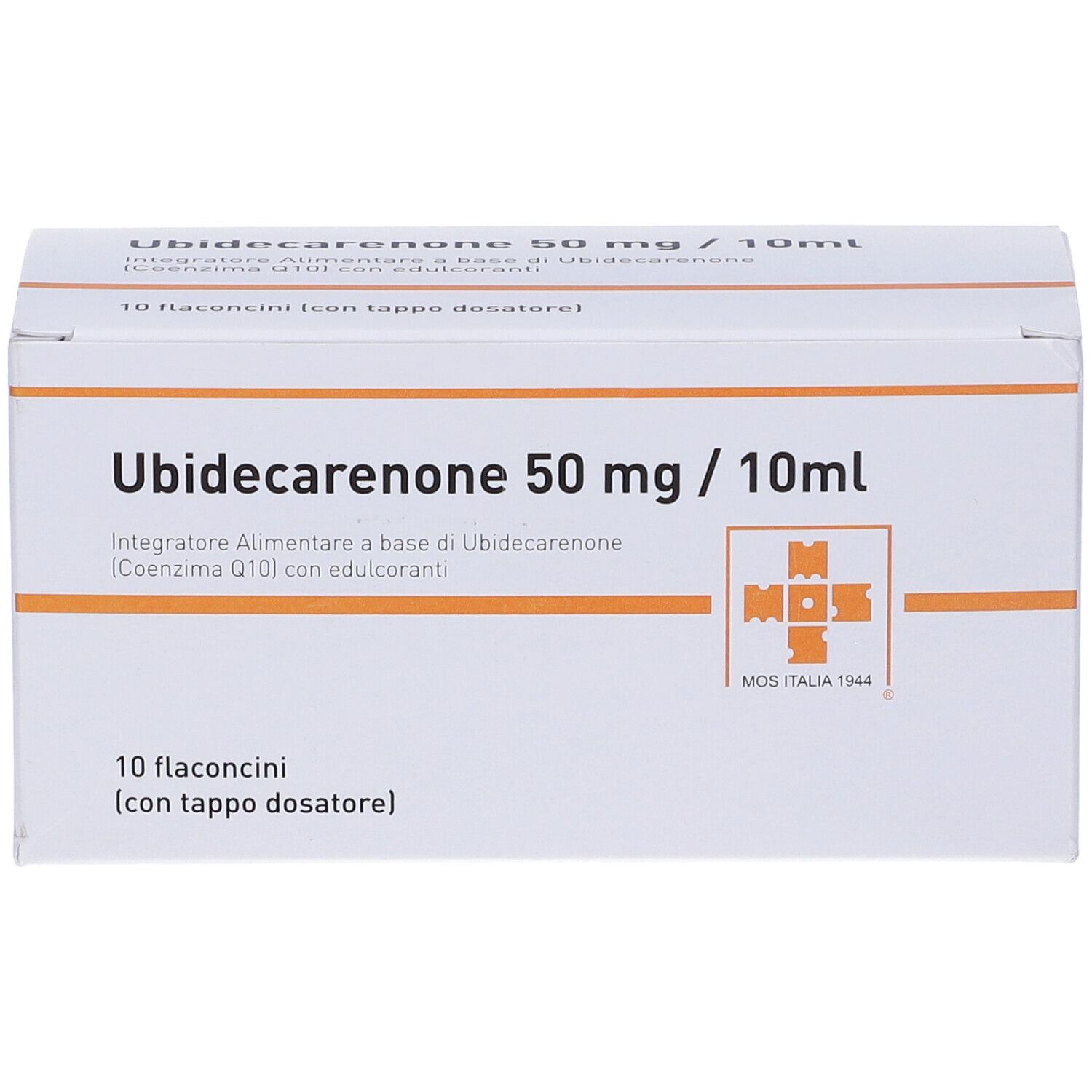 Scatola bianca con informazioni sul prodotto. Testo: Ubidecarenone 50 mg / 10ml. 10 flaconcini con tappo dosatore.