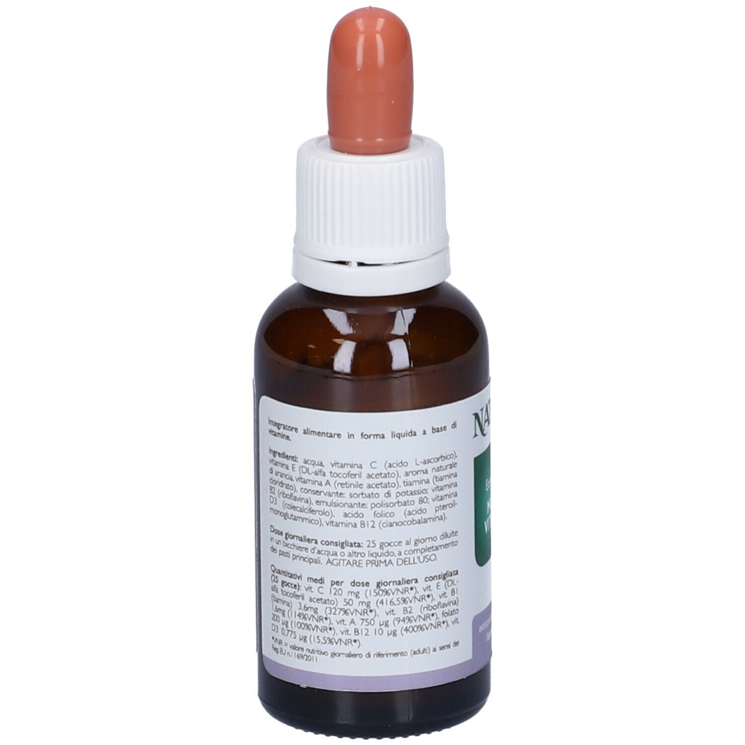 Flacone di vetro marrone con tappo bianco e contagocce rosa. Etichetta con testo e ingredienti. 30 ml.