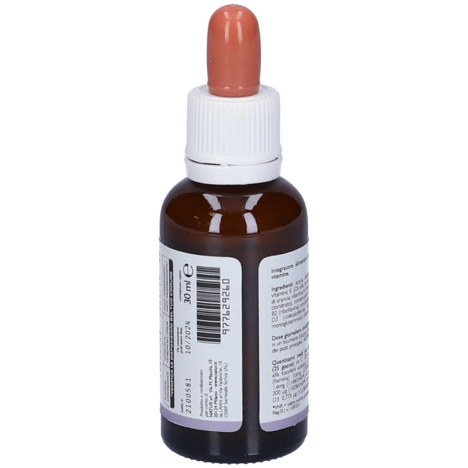 Flacone di vetro marrone con tappo bianco e contagocce rosa. Etichetta con testo e scadenza. 30 ml.