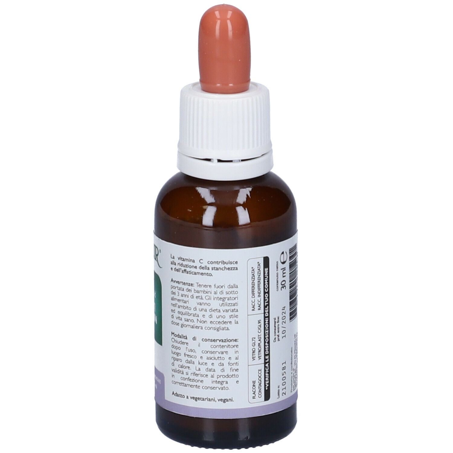 Flacone di vetro marrone con tappo bianco e contagocce rosa. Etichetta con testo. 30 ml.