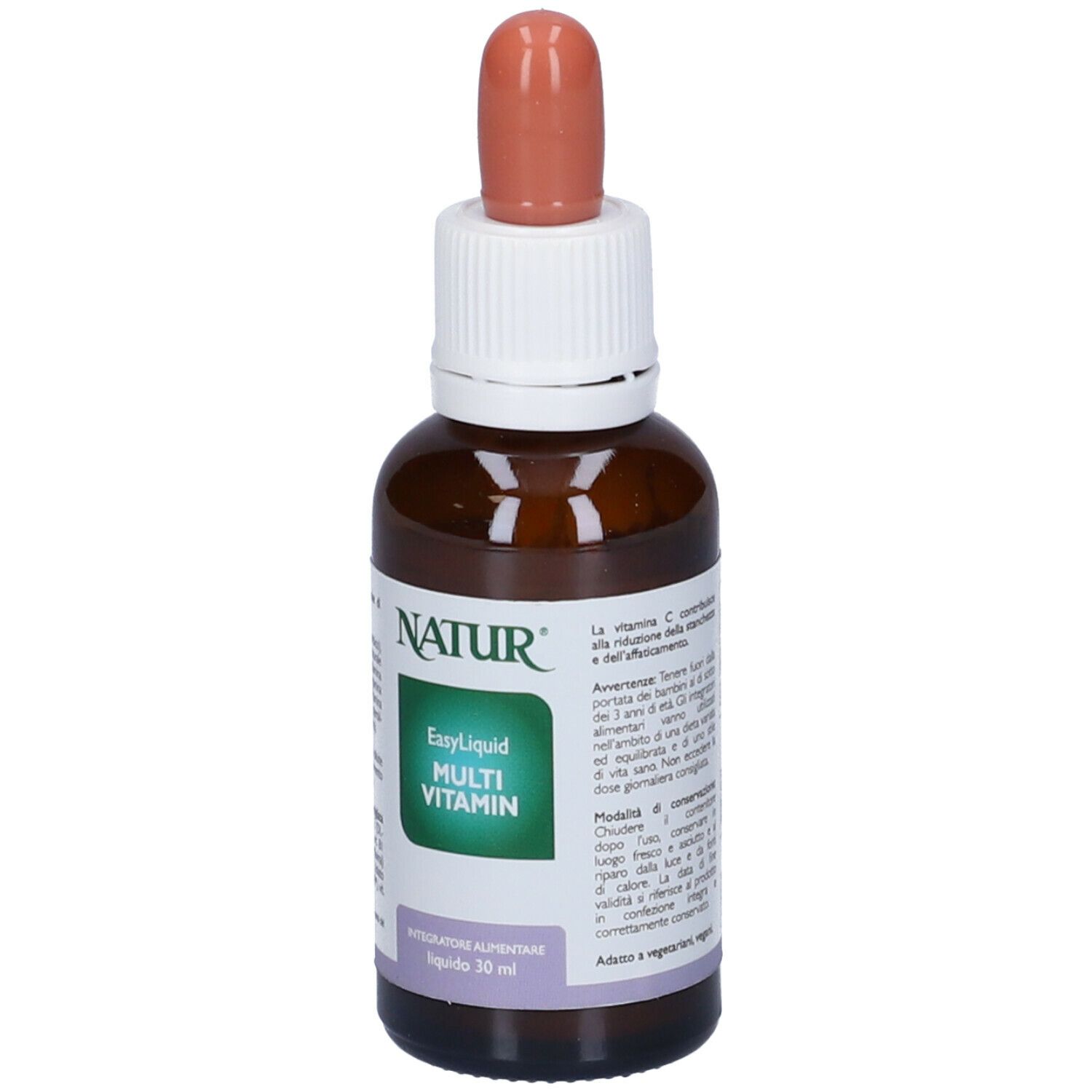 Flacone di vetro marrone con tappo bianco e contagocce rosa. Etichetta: Natur, EasyLiquid Multi Vitamin. 30 ml.