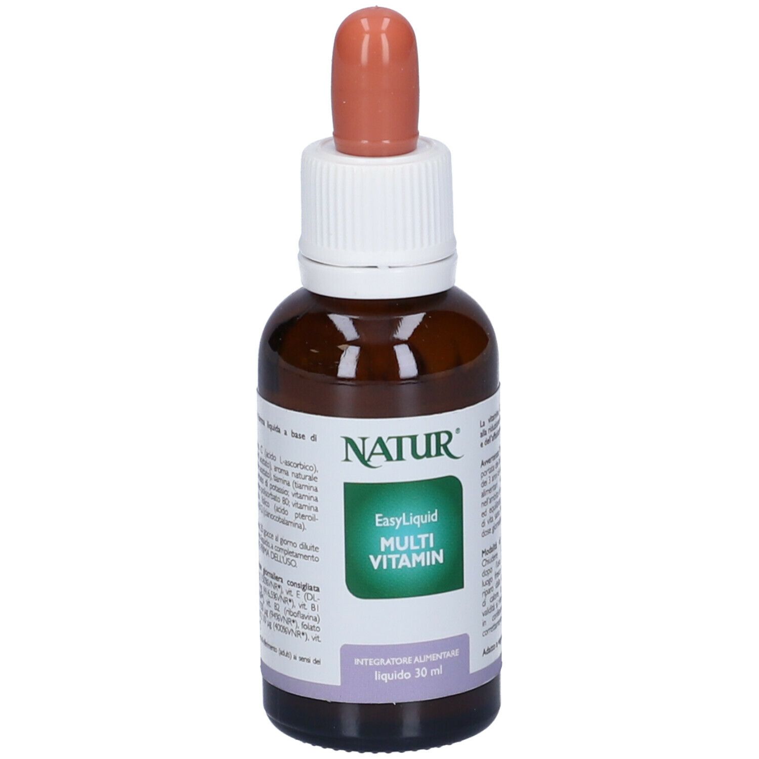 Flacone di vetro marrone con tappo bianco e contagocce rosa. Etichetta: Natur, EasyLiquid Multi Vitamin. 30 ml.