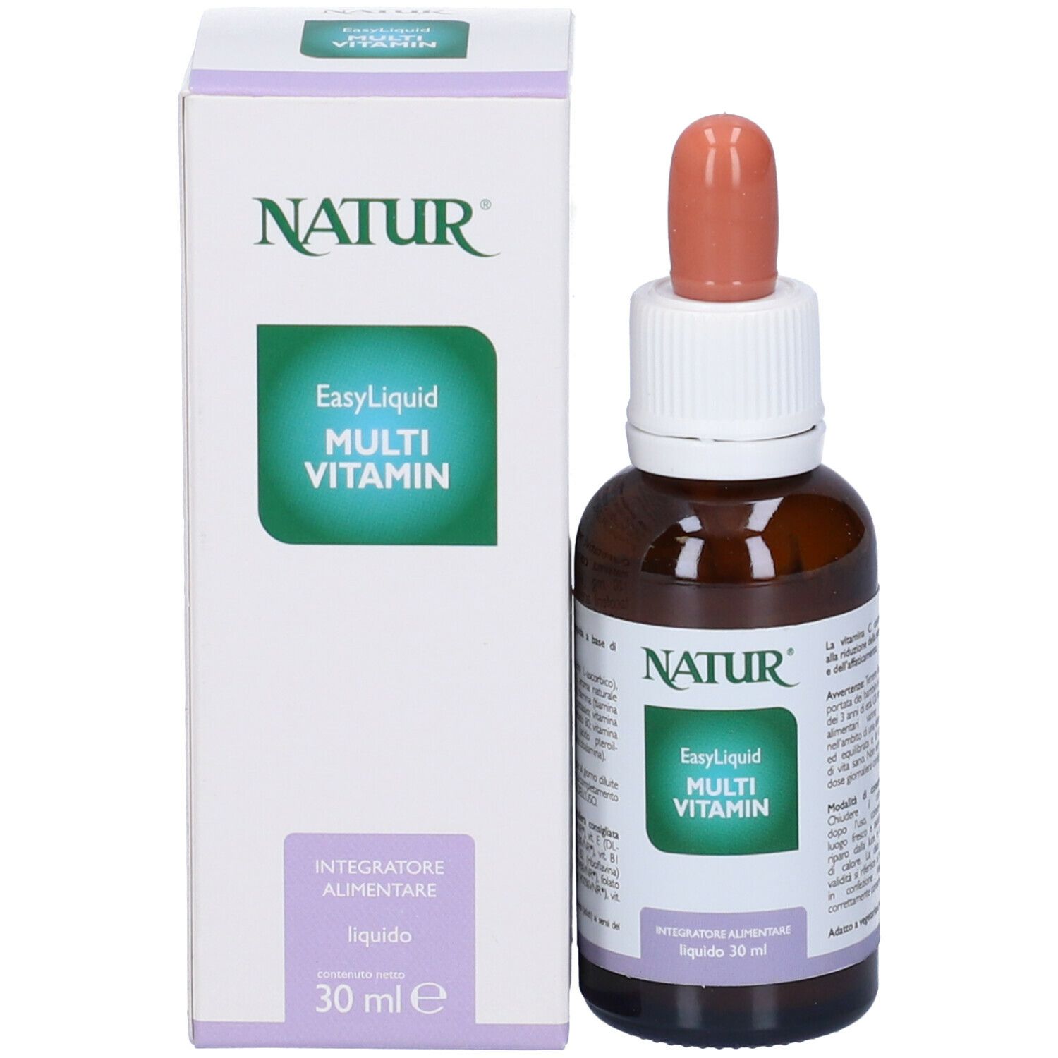 Confezione del prodotto: scatola e flacone. Scatola con testo: Natur, EasyLiquid Multi Vitamin. Flacone con contagocce.