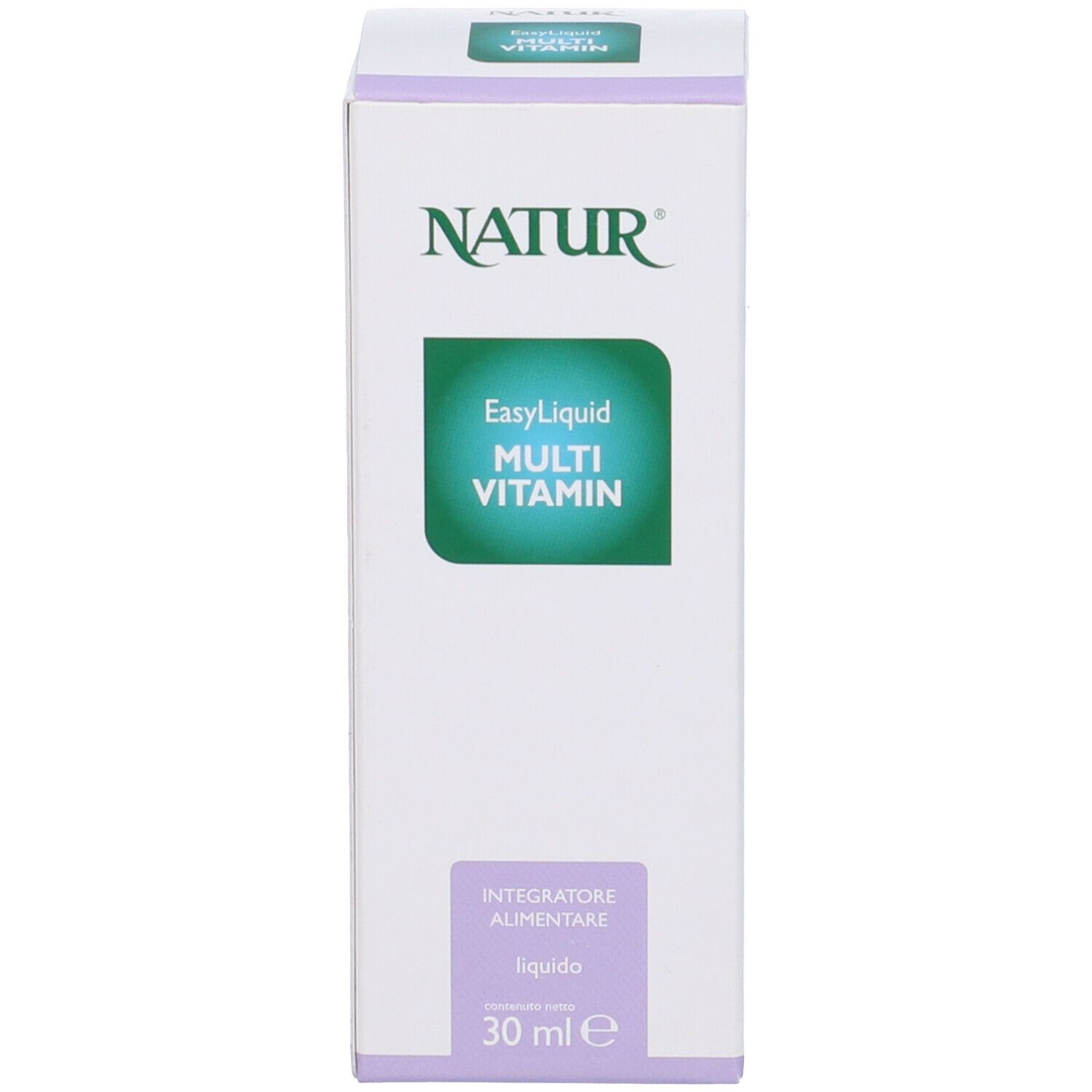Confezione del prodotto: scatola bianca con testo: Natur, EasyLiquid Multi Vitamin. 30 ml.
