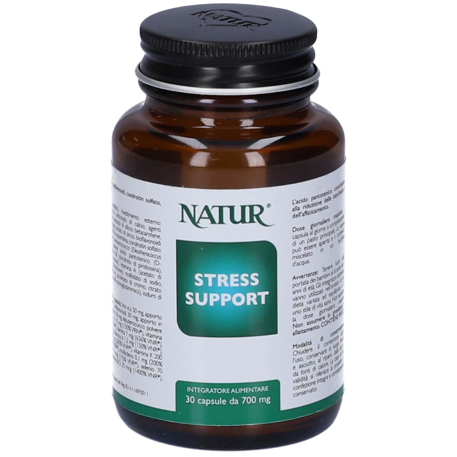 Flacone marrone con tappo nero. Etichetta con nome prodotto: Stress Support. 30 capsule.