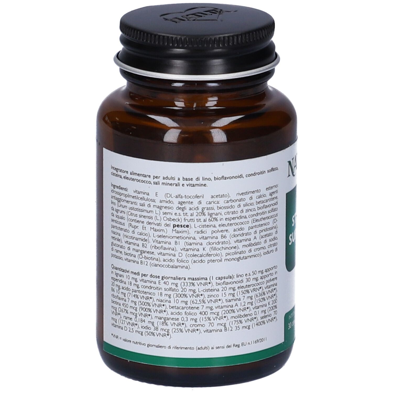 Flacone marrone con tappo nero. Retro con ingredienti e informazioni nutrizionali.